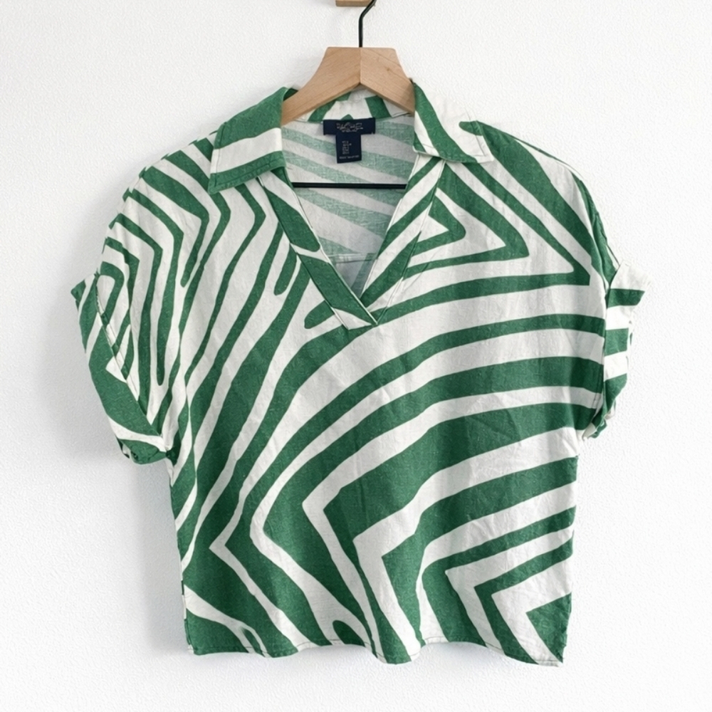 Rachel Roy Green Abstract Zebra Print Linen Blend Blouse – Size Small